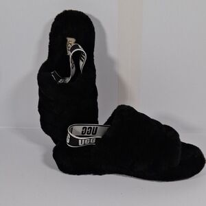 UGG Black Fluffy Slides with Logo Strap